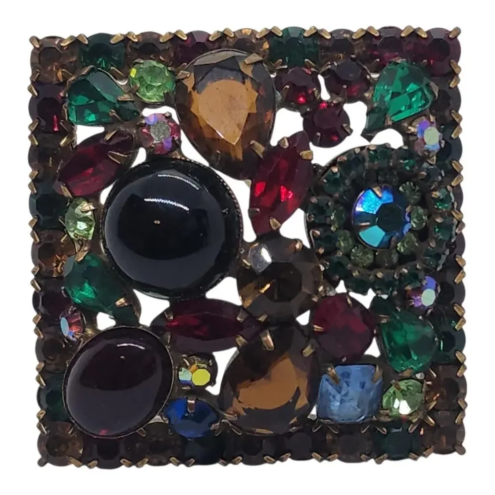 Vintage HUGE Weiss Fruit Salad Rhinestone Cabochon Square Multicolor Unsigned
